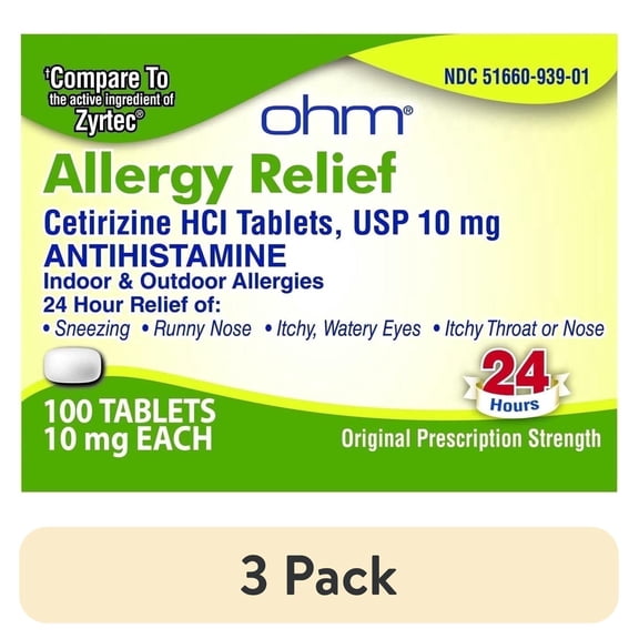 (3 pack) Ohm Cetirizine 10 mg Tablets, Nondrowsy Allergy Relief, 100 Count