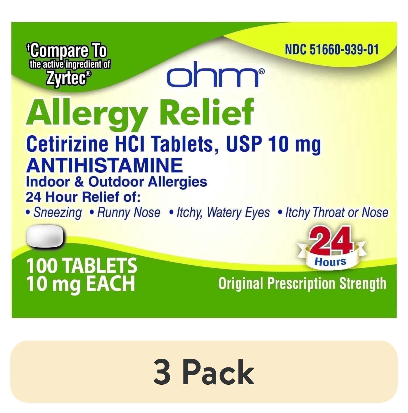 (3 pack) Ohm Cetirizine 10 mg, All Day Allergy Relief (100 Count) Antihistamine Tablets for Indoor & Outdoor Allergies, Hives, Hay Fever, Sneezing, Runny Nose, Itchy Nose or Throat, Dry Itchy Eyes