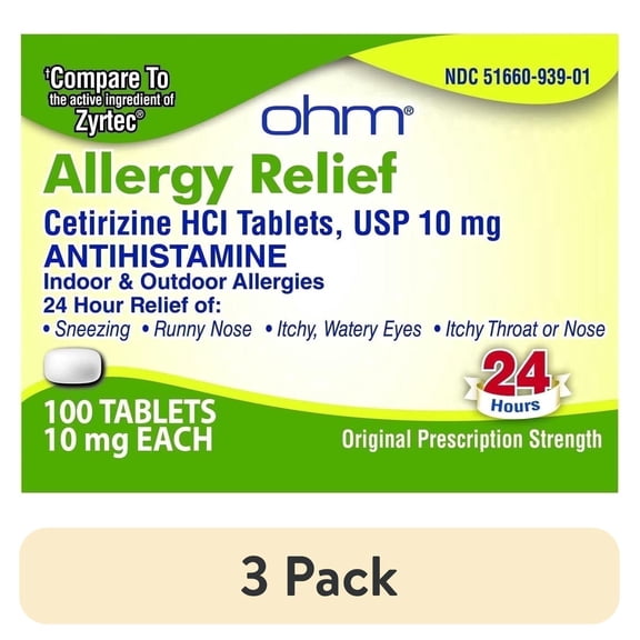 (3 pack) Ohm Cetirizine 10 mg, All Day Allergy Relief (100 Count) Antihistamine Tablets for Indoor & Outdoor Allergies, Hives, Hay Fever, Sneezing, Runny Nose, Itchy Nose or Throat, Dry Itchy Eyes