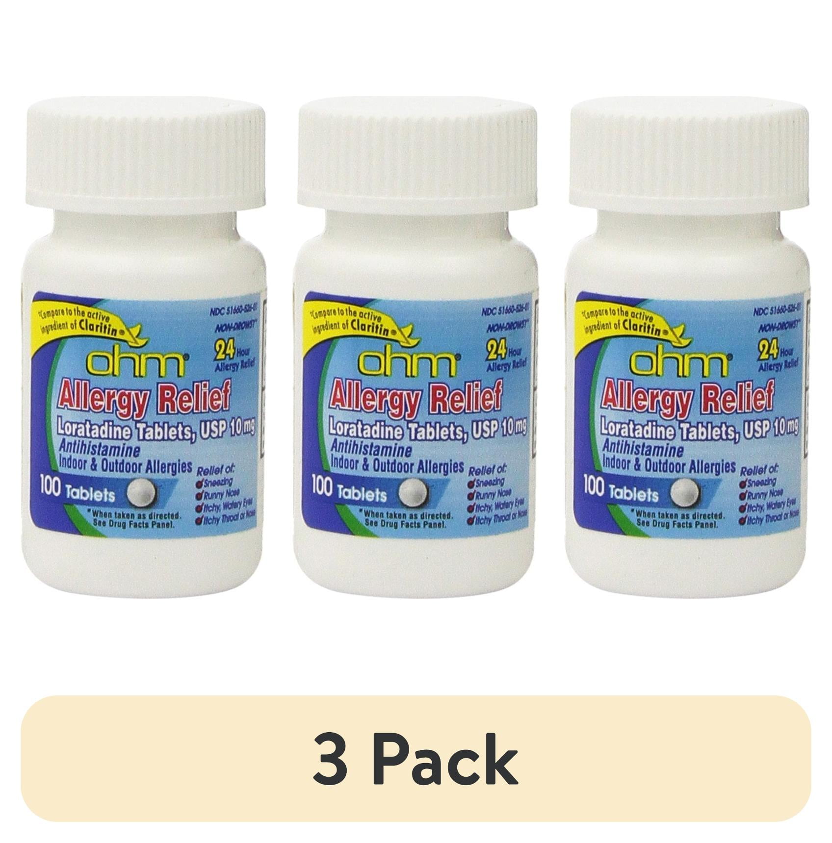 (3 pack) OHM Loratadine USP 10mg Antihistamine 24Hr Allergy Relief Compare to Claritin, 100ct