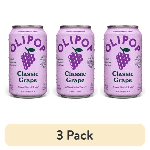(3 pack) OLIPOP 6g Fiber Prebiotic Soda, Classic Grape, 12 fl oz, Single, Shelf Stable