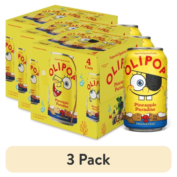 (3 pack) OLIPOP Prebiotic Soda, SpongeBob Pineapple Paradise, 12 fl oz, 4 pack, Pantry Pack