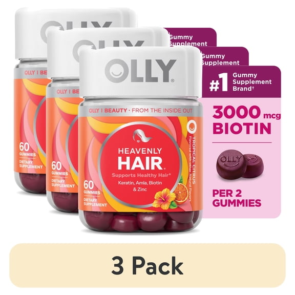 (3 pack) OLLY Heavenly Hair Gummy Supplement, Keratin, Biotin, Amla & Zinc, Tropical Citrus Flavored, 60 Count