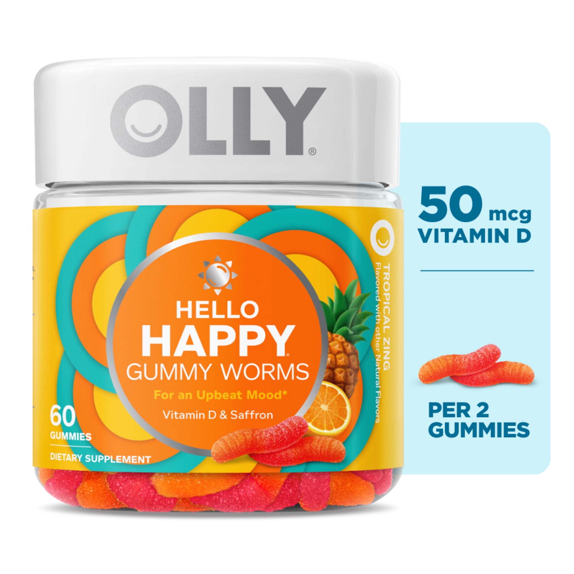 (3 pack) OLLY Hello Happy Gummy Worms, Saffron ExtraCount, Vitamin D, Tropical Zing Flavored, 60 Count