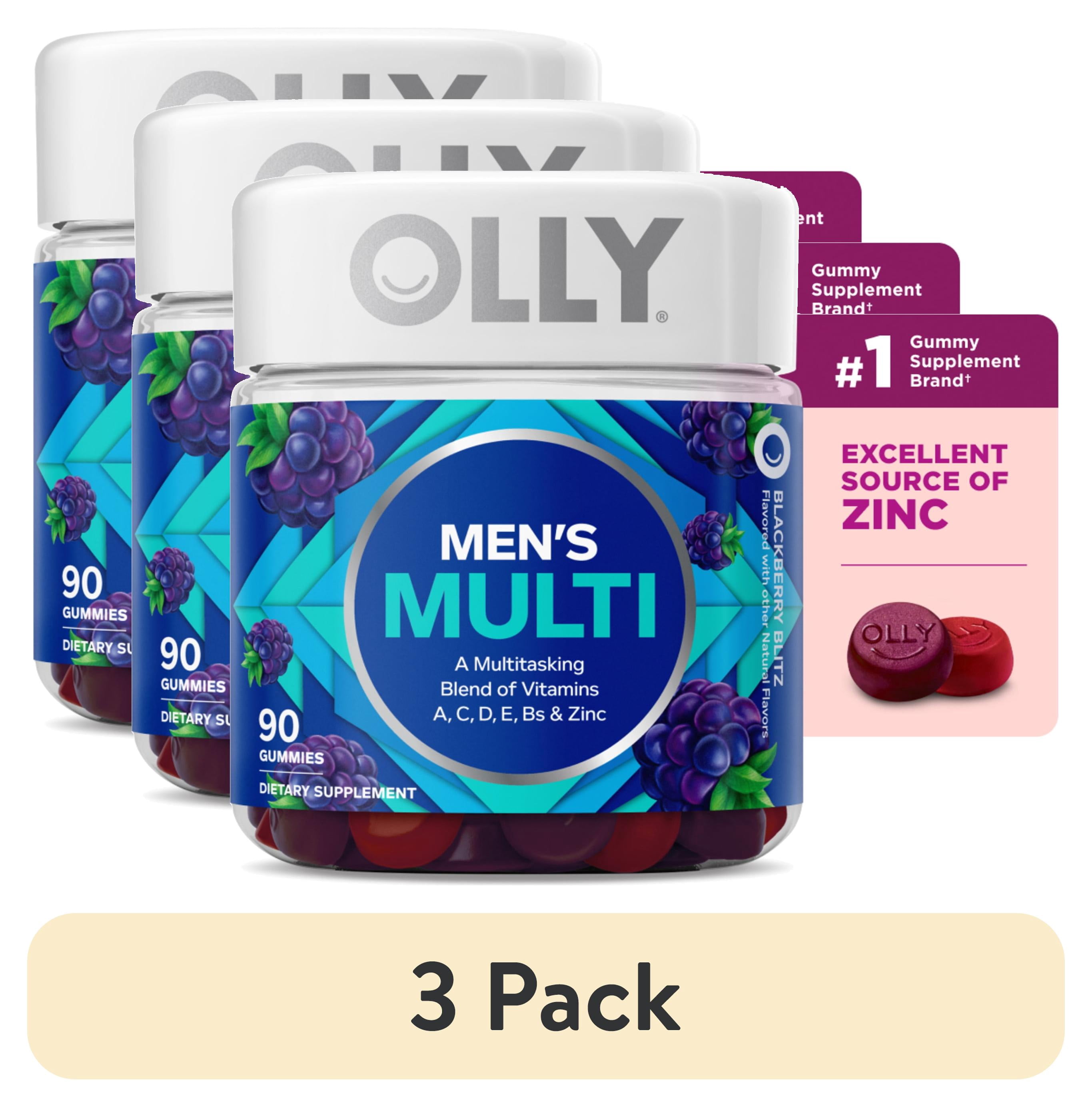 (3 pack) OLLY Men's Multivitamin Gummy, Vitamin A, C, D, E, B, Zinc, Wellness Supplement, 90 Ct