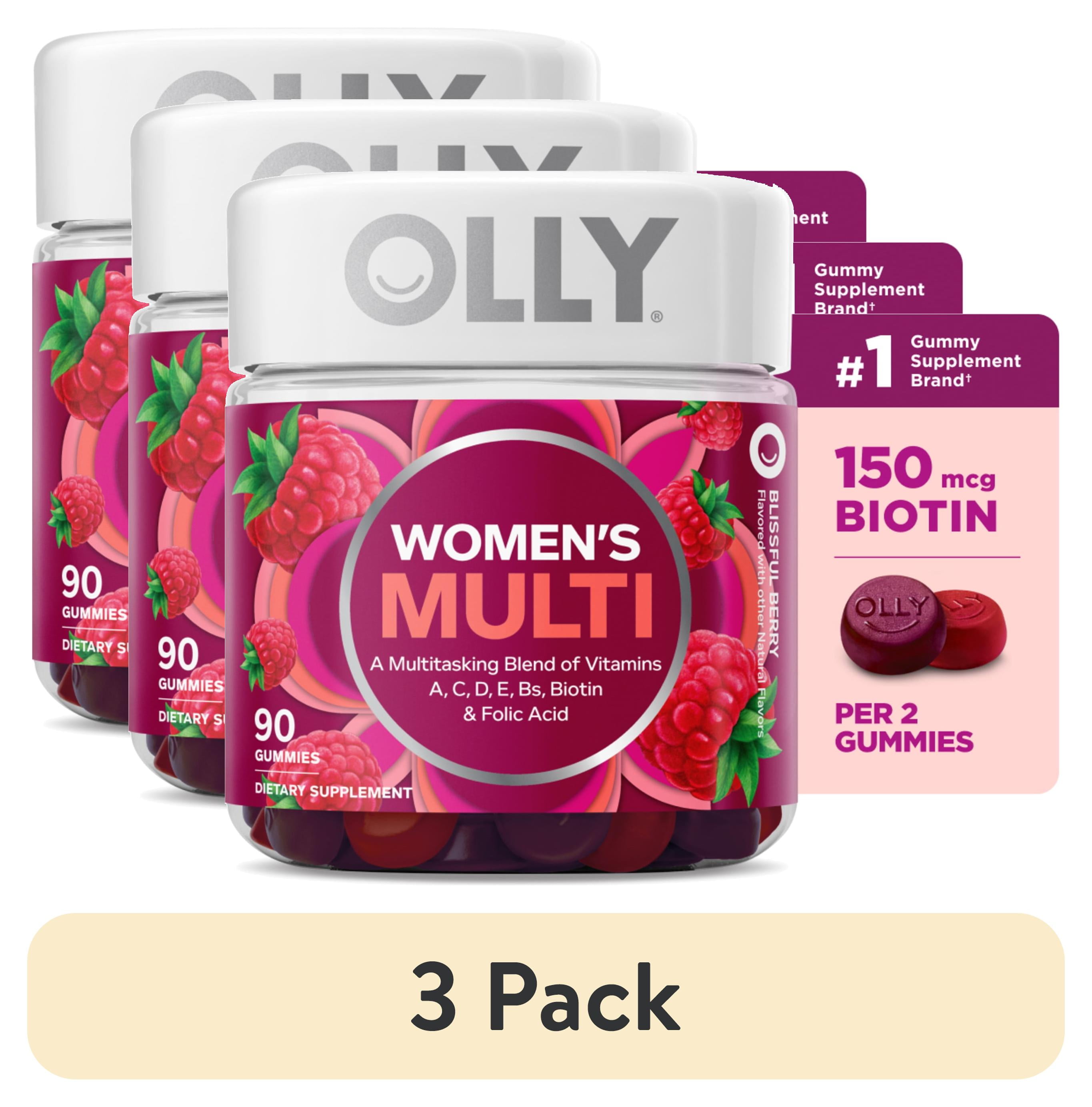 (3 pack) OLLY Women's Multivitamin Gummy Supplement, Vitamins A, D, C, E, Biotin, Folic Acid, 90 Ct