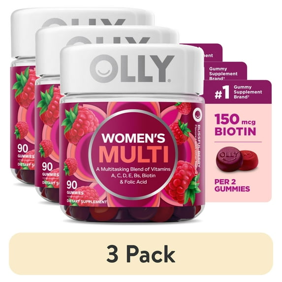 (3 pack) OLLY Women's Multivitamin Gummy Supplement, Vitamins A, D, C, E, Biotin, Folic Acid, 90 Count