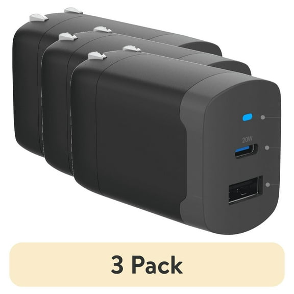 (3 pack) onn 32W Dual USB-C/USB-A Port Wall Charger, Fast Charging, USB IF Certified, Foldable Plug, Black