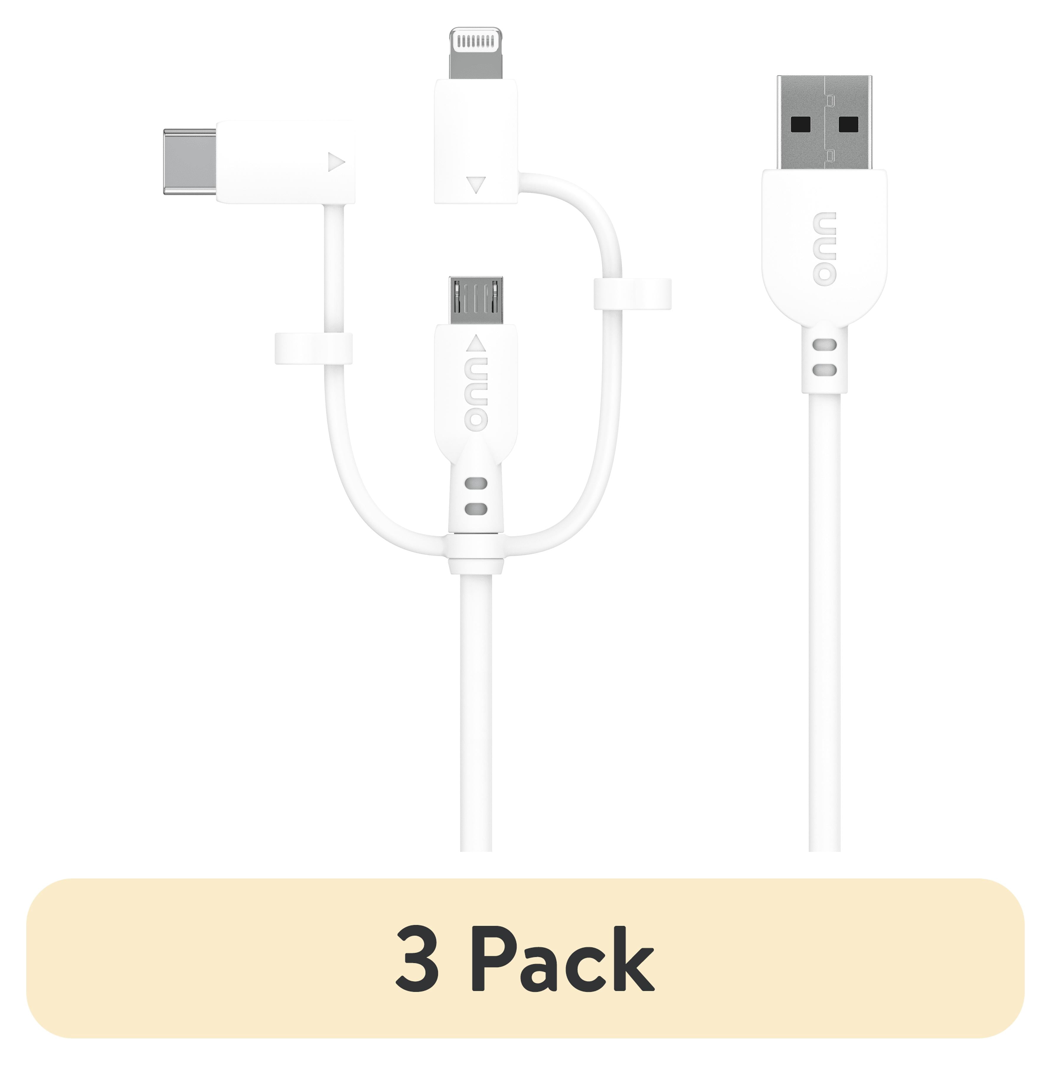 (3 pack) ONN 6' Micro-USB to Lightning to USB-C Cable, White