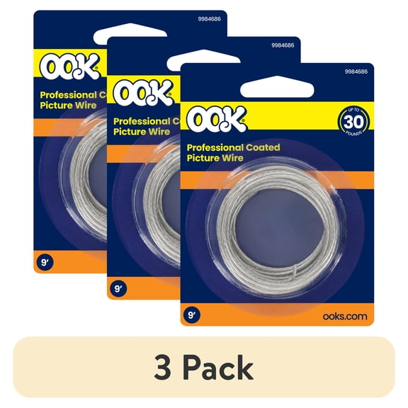 (3 pack) Ook Professional Coated Picture Wire, 9 ft, 30 lbs, Steel, Plastic Coated, Silver