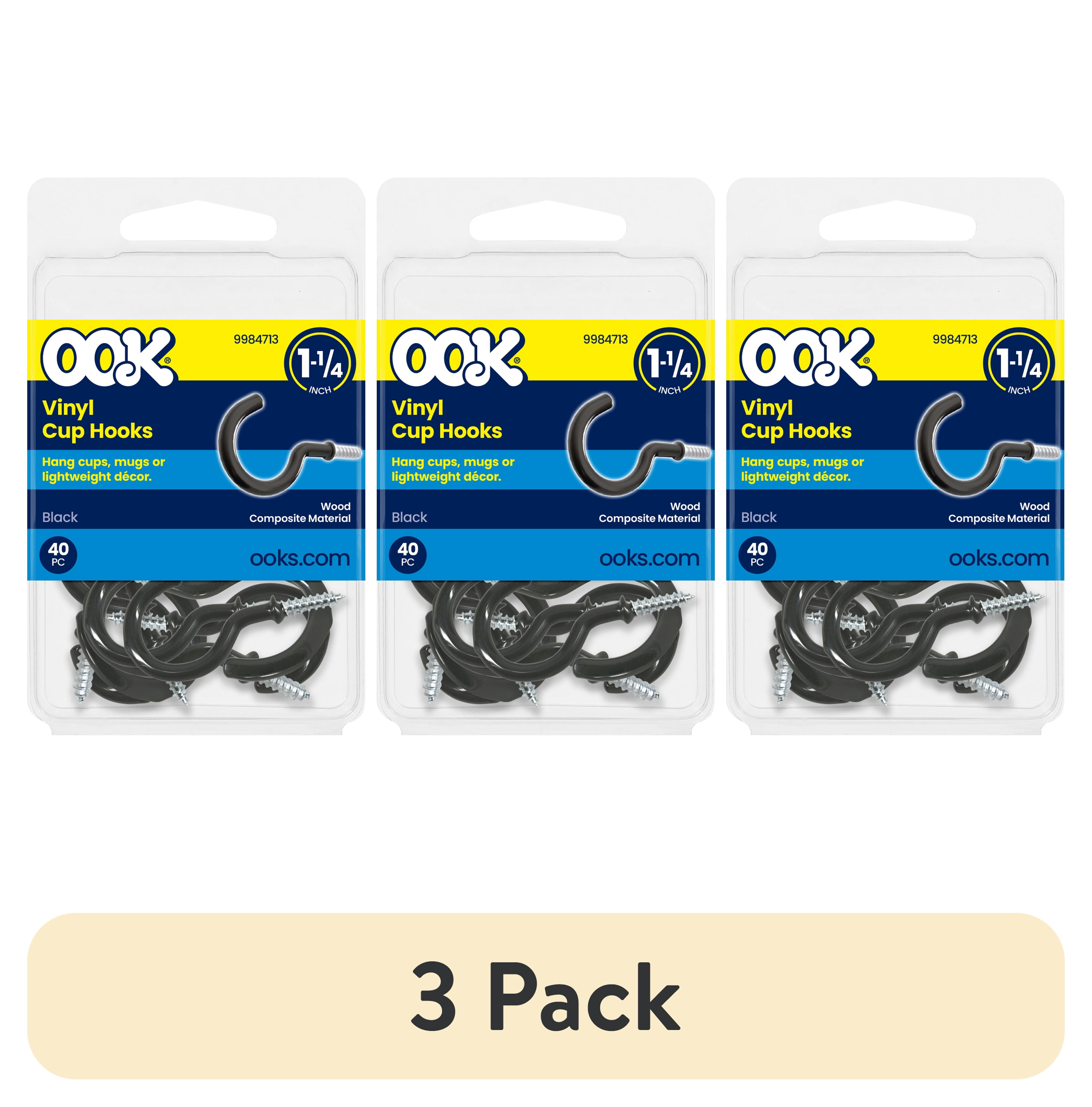 (3 pack) Ook Cup Hooks, 1-1/4", 1 lbs, Screw Hooks, Steel, Black Vinyl, 40 pack