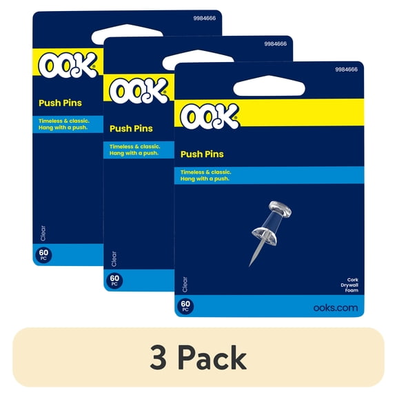 Ook Push Pins, Steel and Plastic, Clear, Interior Multi-Material, 60 pack
