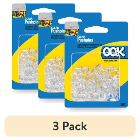 (3 pack) Ook Push Pins, Steel and Plastic, Clear, Interior Multi-Material, 60 pack