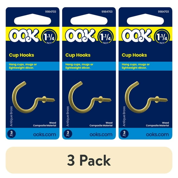 (3 pack) Ook Cup Hooks, 1-1/4", 1 lbs, Screw Hooks, Steel, Antique Brass, Gold, 3 pack