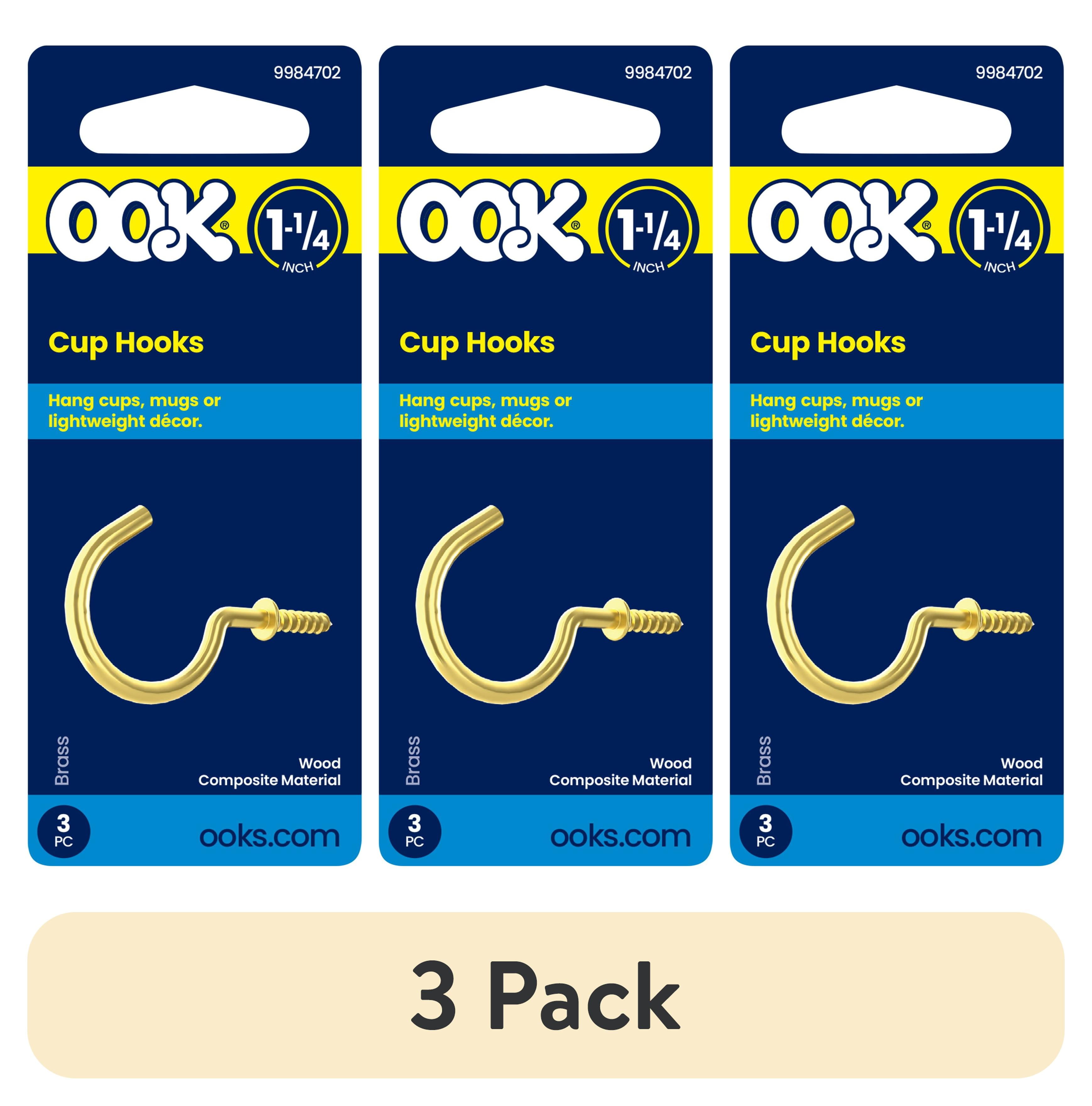 (3 pack) Ook Cup Hooks, 1-1/4", 1 lbs, Screw Hooks, Steel, Brass Finish, Gold, 3 pack