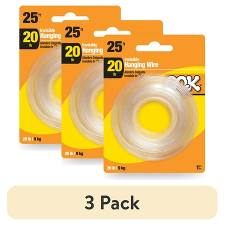 (3 pack) Ook Nylon Invisible Hobby Wire, DIY Hanging Wire, 25 ft, 20 lbs, Clear