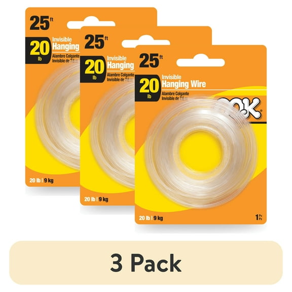 (3 pack) Ook Nylon Invisible Hobby Wire, DIY Hanging Wire, 25 ft, 20 lbs, Clear