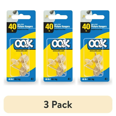(3 pack) Ook One-Step Picture Hanger, Push Pin, 40 lbs, Steel, Brass, Gold, 4 pack