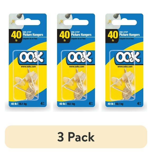 (3 pack) Ook One-Step Picture Hanger, Push Pin, 40 lbs, Steel, Brass, Gold, 4 pack