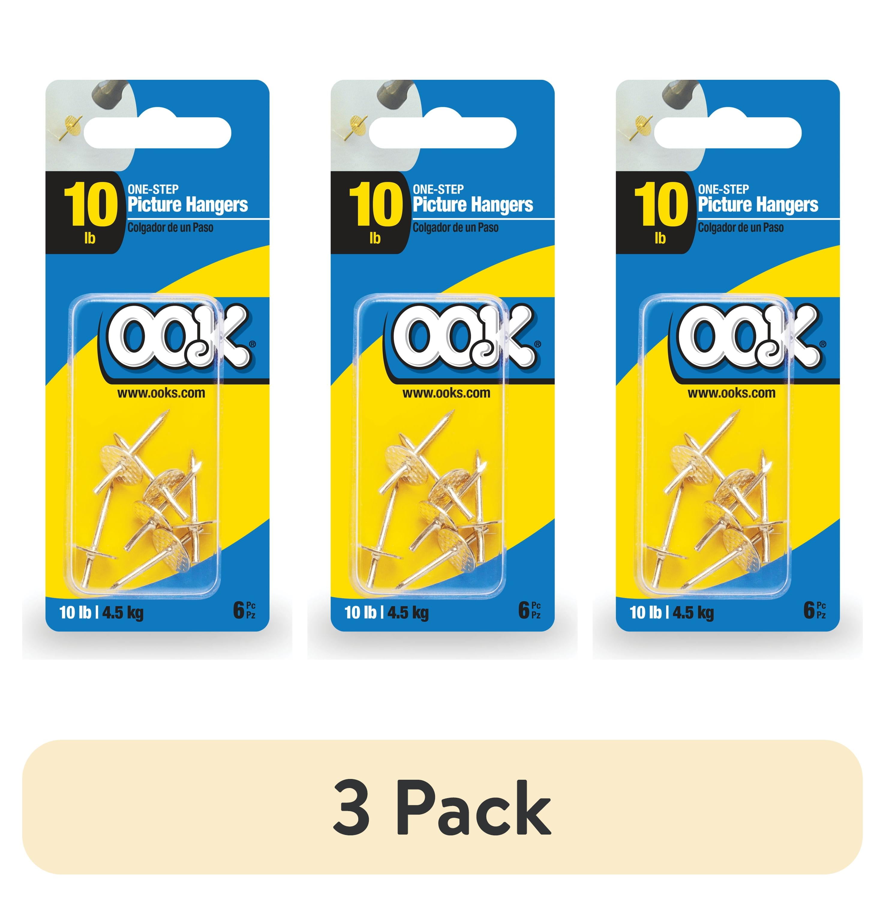 (3 pack) Ook One-Step Picture Hanger, Push Pin, 10 lbs, Steel, Brass, Gold, 6 pack