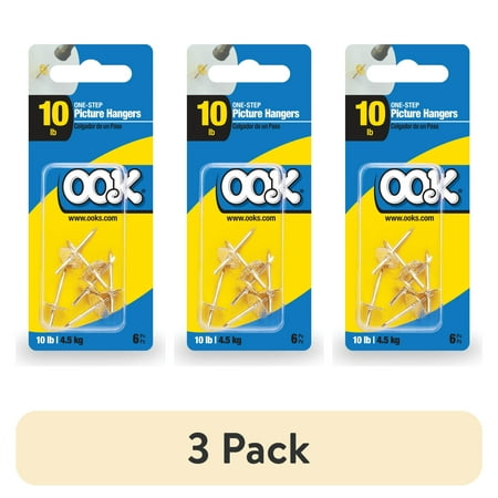(3 pack) Ook One-Step Picture Hanger, Push Pin, 10 lbs, Steel, Brass, Gold, 6 pack