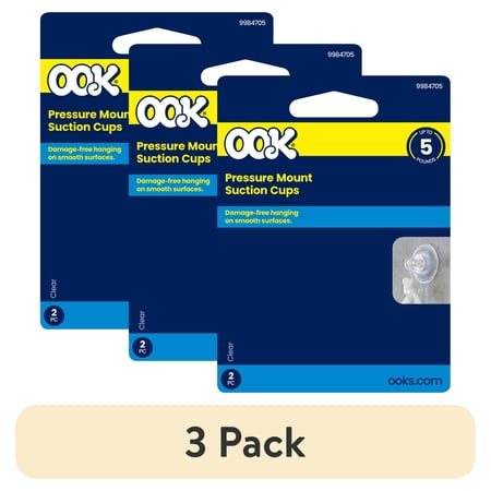 (3 pack) Ook Suction Cup Hooks, Suction Cup Hangers, Large, 5 lbs, PVC, Clear, 2 pack