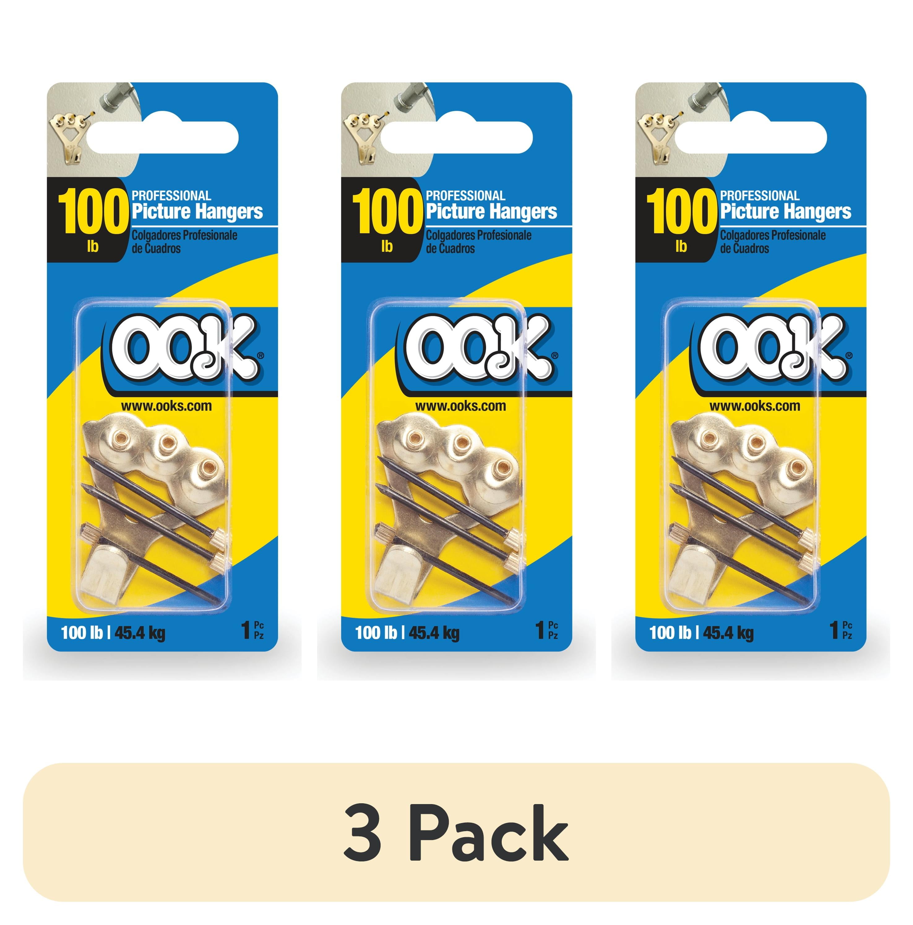 (3 pack) Ook Professional Picture Hangers, 100 lbs, Steel, for Drywall Plaster Wood, Brass, Gold, 1 pack
