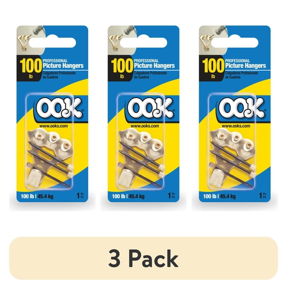 (3 pack) Ook Professional Picture Hangers, 100 lbs, Steel, for Drywall Plaster Wood, Brass, Gold, 1 pack
