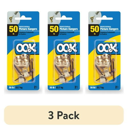 (3 pack) Ook Professional Picture Hangers, 50 lbs, Steel, for Drywall Plaster Wood, Brass, Gold, 2 pack