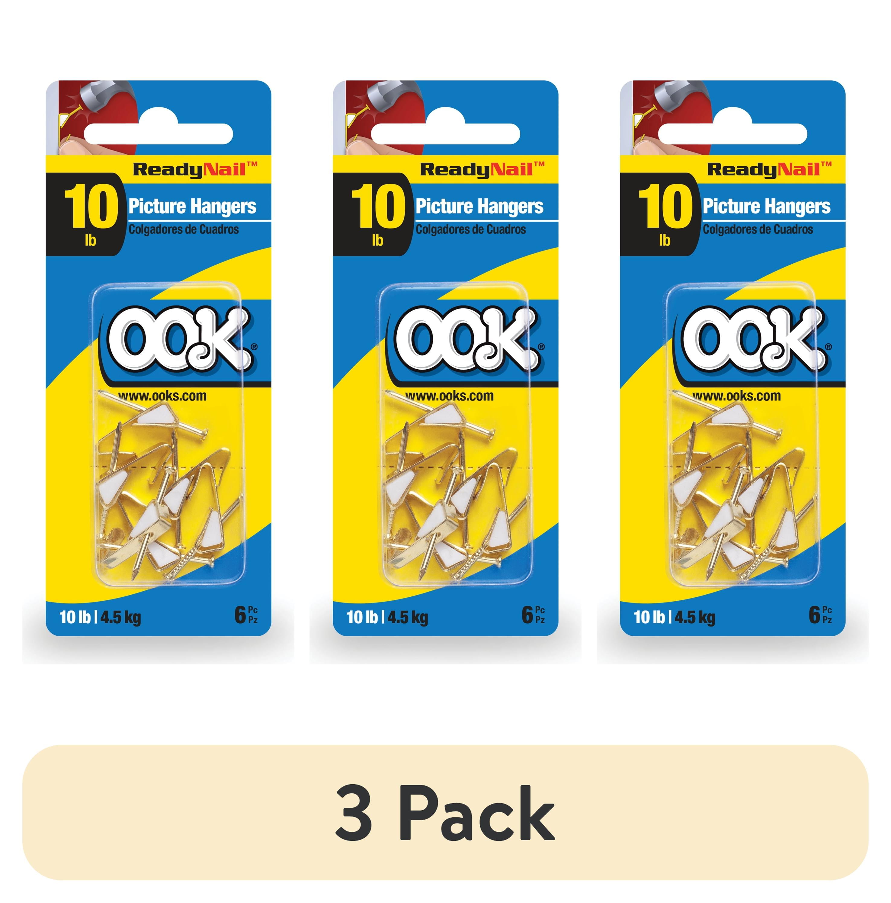 (3 pack) Ook Picture Hangers, ReadyNail, 10 lbs, for Drywall and Wood, Steel, Brass Finish, Gold, 6 pack