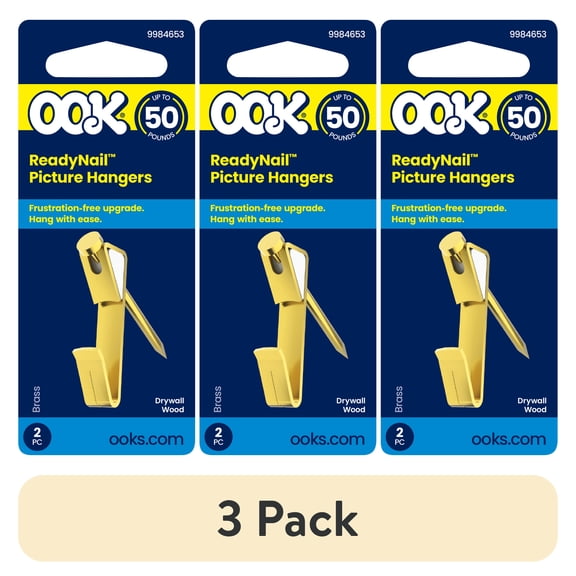 (3 pack) Ook Picture Hangers, ReadyNail, 50 lbs, for Drywall and Wood, Steel, Brass Finish, Gold, 2 pack