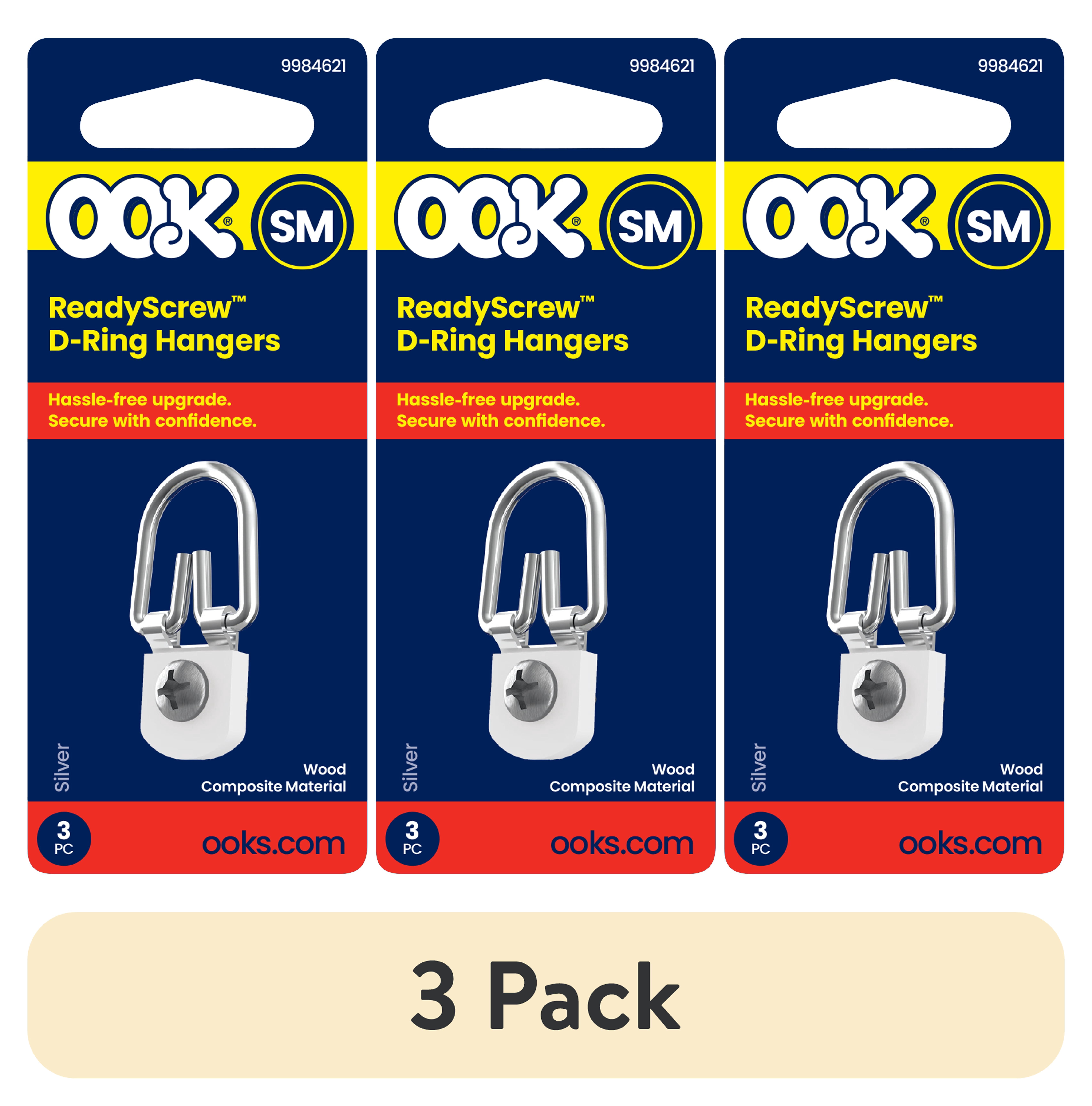 (3 pack) Ook D-Ring Picture Hanger, Professional Hanger, Small, Steel, Zinc Finish, Silver, 3 pack