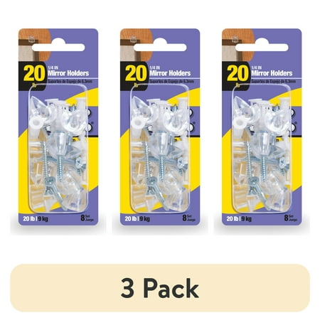 (3 pack) Ook Mirror Holders for 1/4" Depth, 20 lbs, Acrylic, Clear, Clear, 8 pack