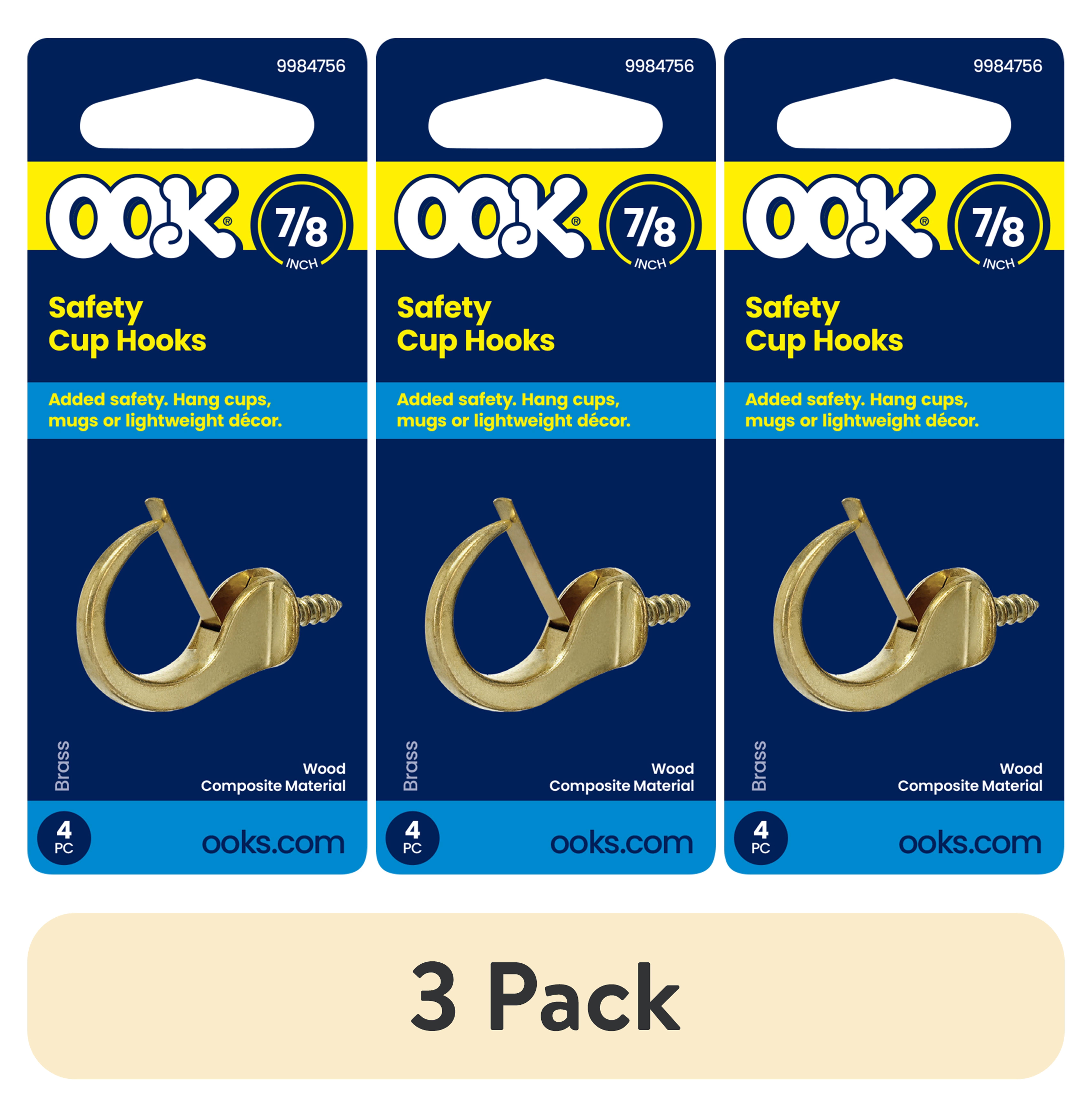 (3 pack) Ook Safety Cup Hooks, 7/8", 0.5 lbs, Screw Hooks, Steel, Brass Finish, Gold, 4 pack