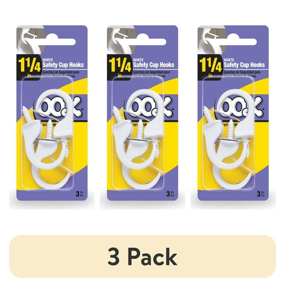 (3 pack) Ook Safety Cup Hooks, 1-1/4", 1 lbs, Screw Hooks, Steel, White Vinyl, 3 pack