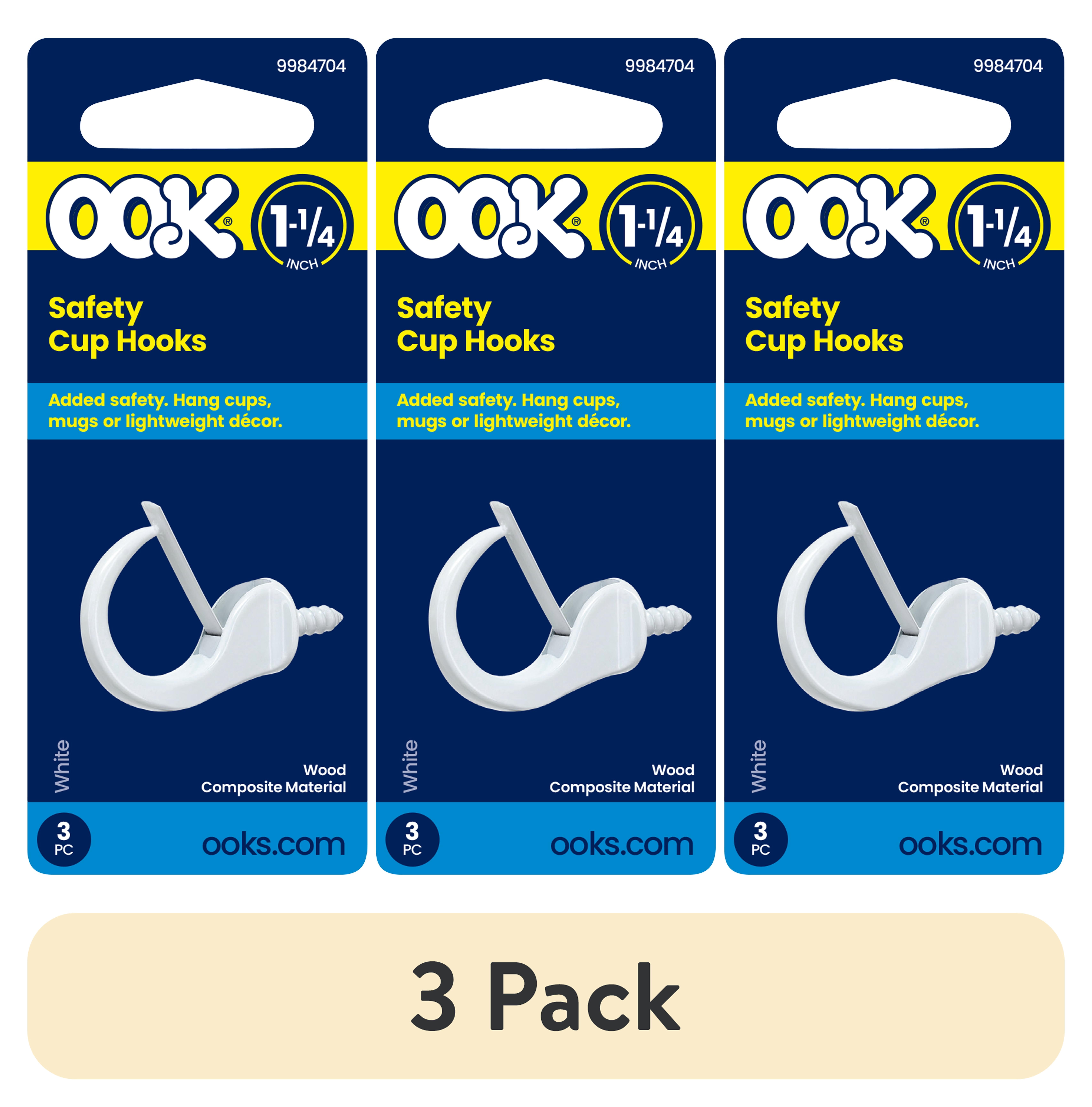 (3 pack) Ook Safety Cup Hooks, 1-1/4", 1 lbs, Screw Hooks, Steel, White Vinyl, 3 pack