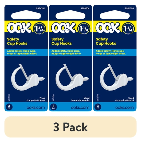 (3 pack) Ook Safety Cup Hooks, 1-1/4", 1 lbs, Screw Hooks, Steel, White Vinyl, 3 pack