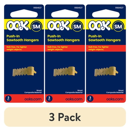 (3 pack) Ook Sawtooth Picture Hangers, ReadyNail, Small, Self-leveling, Steel, Brass Finish, Gold, 3 pack
