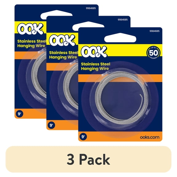 (3 pack) Ook Hanging Wire, 9 ft, 50 lbs, Satinless Steel, Plastic Coated, Silver