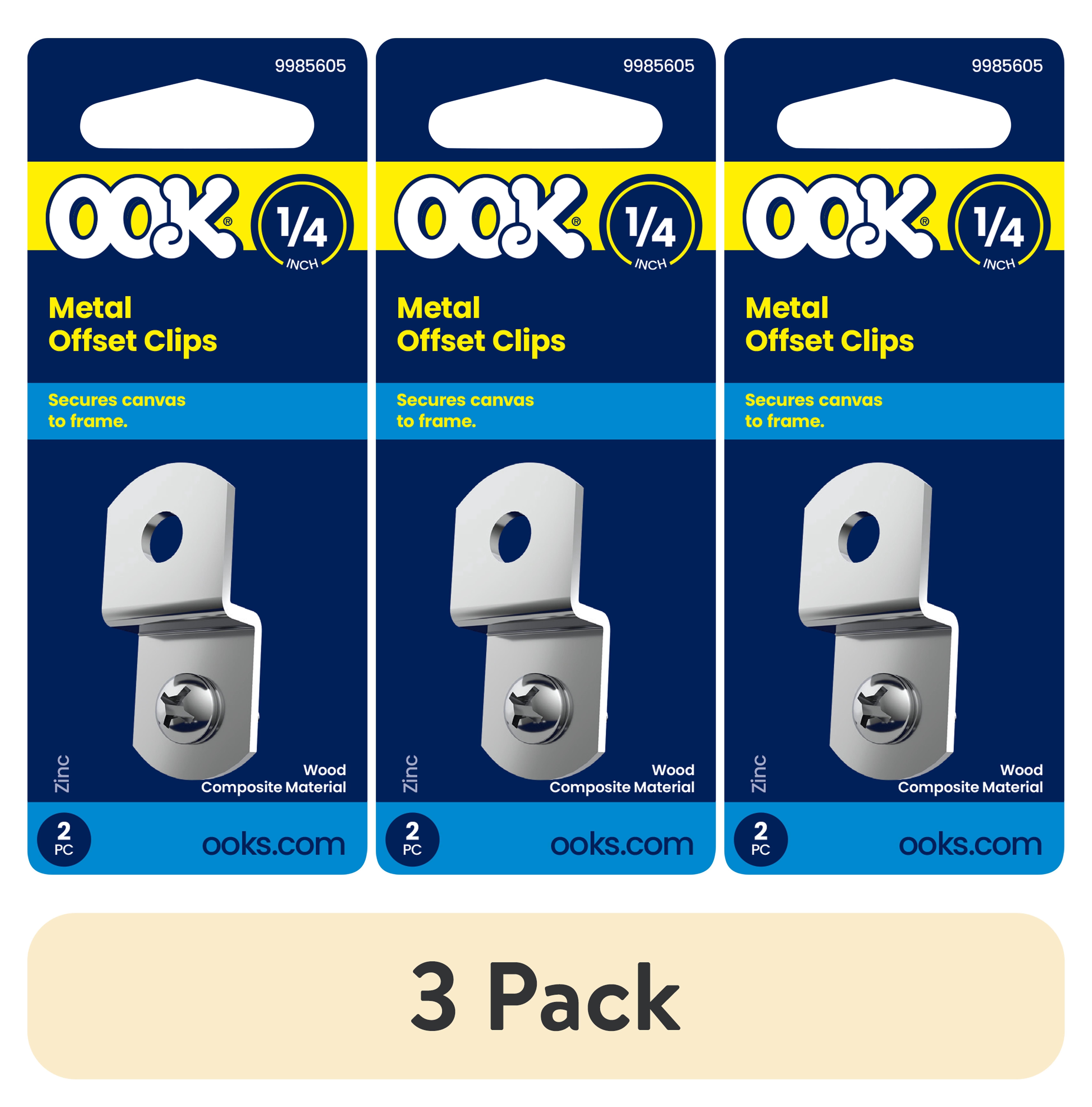 (3 pack) Ook Metal Offset Clips, 1/4", Steel, Zinc Finish, Silver, 2 pack