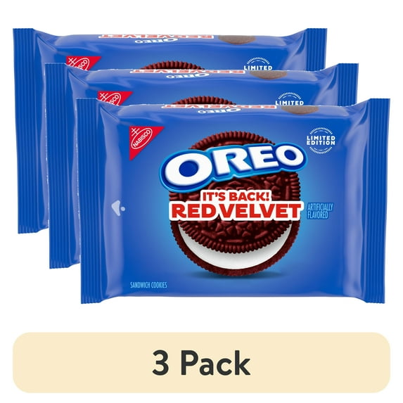 (3 pack) OREO Red Velvet Sandwich Cookies, Baked, Limited Edition, 12.2 oz, Shelf Stable, Plastic Tray