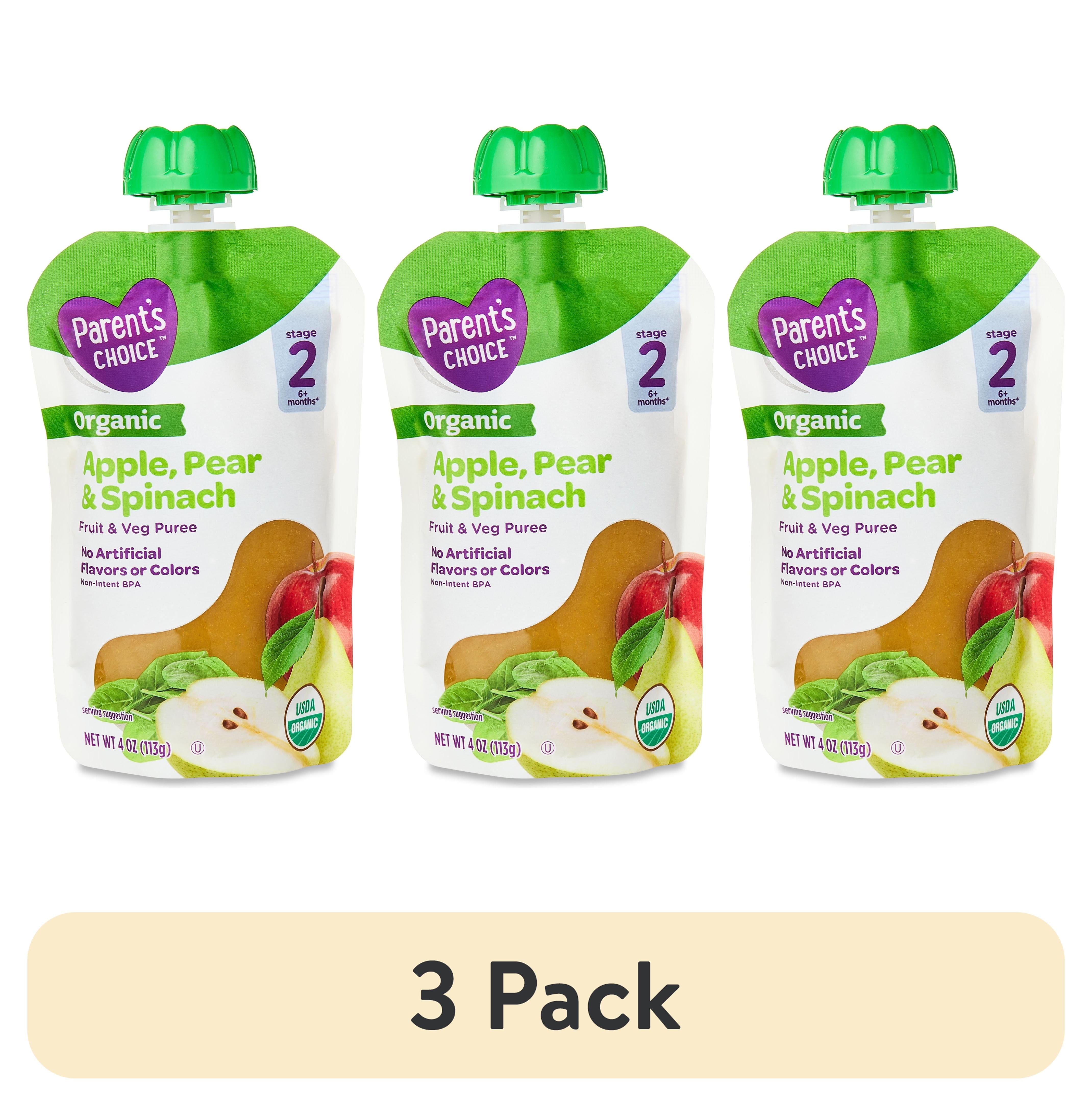 (3 pack) Parent's Choice Organic Stage 2 Baby Food Apple Pear Spinach, 4 oz Pouch