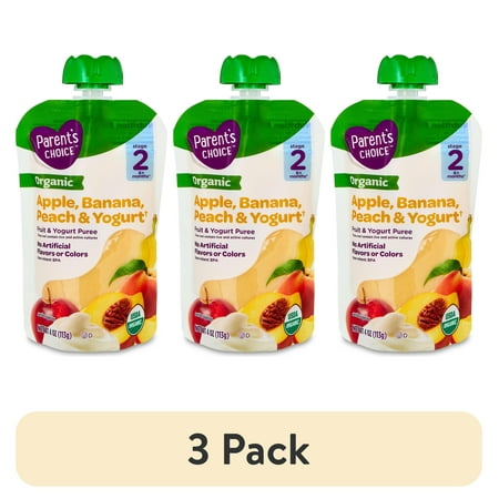 (3 pack) Parent's Choice Organic Stage 2 Baby Food Apple, Banana, and Peach Fruit and Yogurt Puree, 4 oz Pouch
