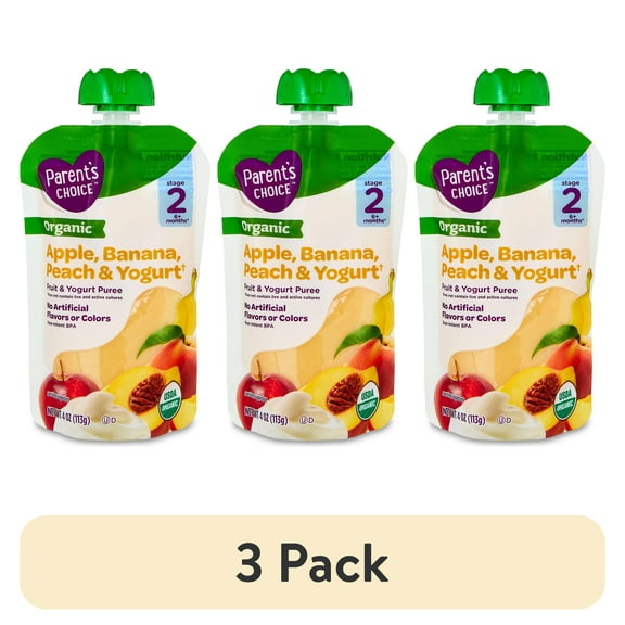 (3 pack) Parent's Choice Organic Stage 2 Baby Food Apple, Banana, and Peach Fruit and Yogurt Puree, 4 oz Pouch