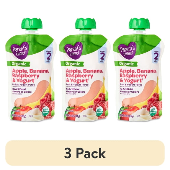 (3 pack) Parent's Choice Organic Stage 2 Baby Food Apple, Banana, Raspberry Yogurt, 4 oz Pouch