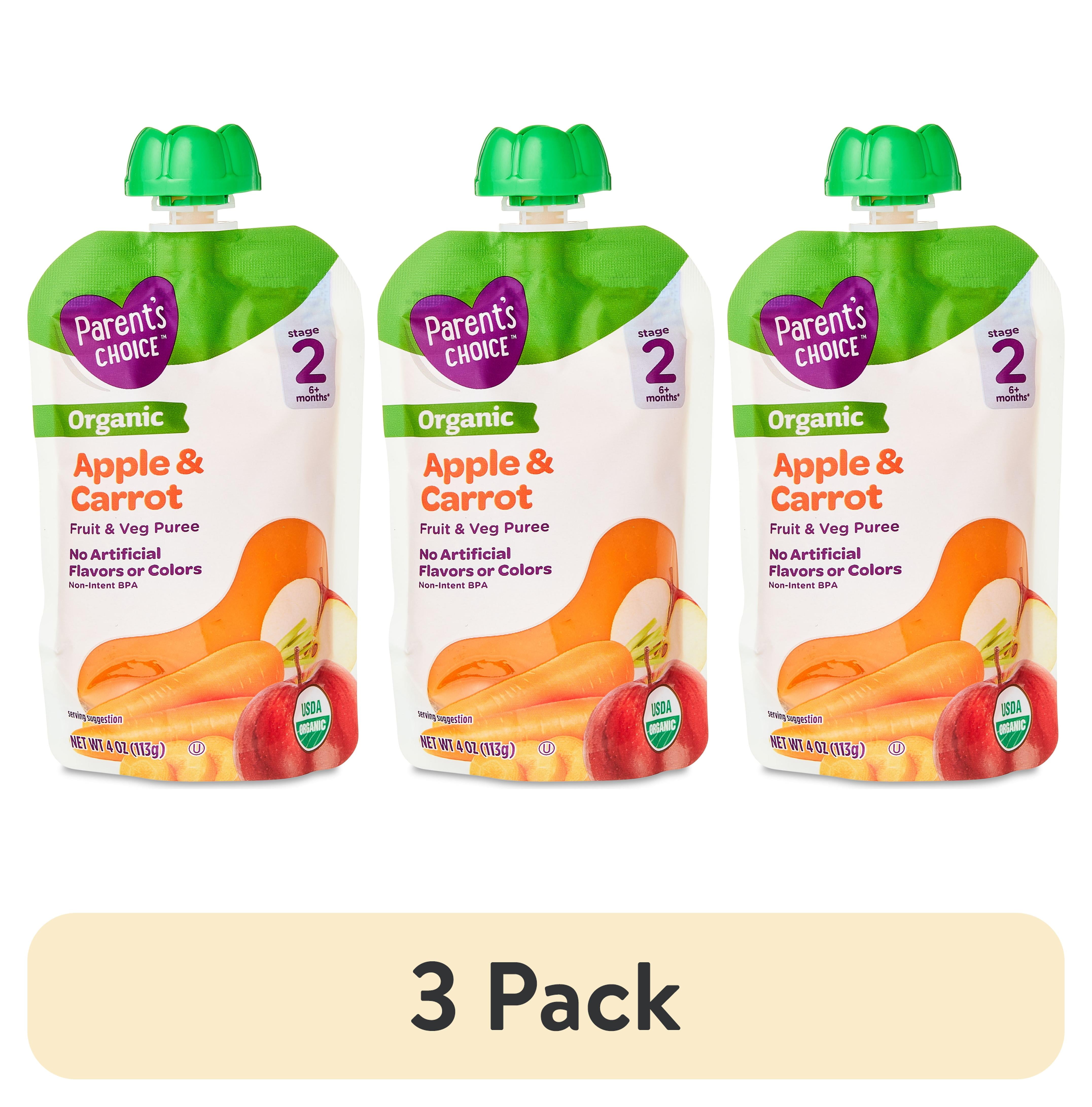 (3 pack) Parent's Choice Organic Stage 2 Baby Food Apple and Carrot Puree, 4 oz Pouch