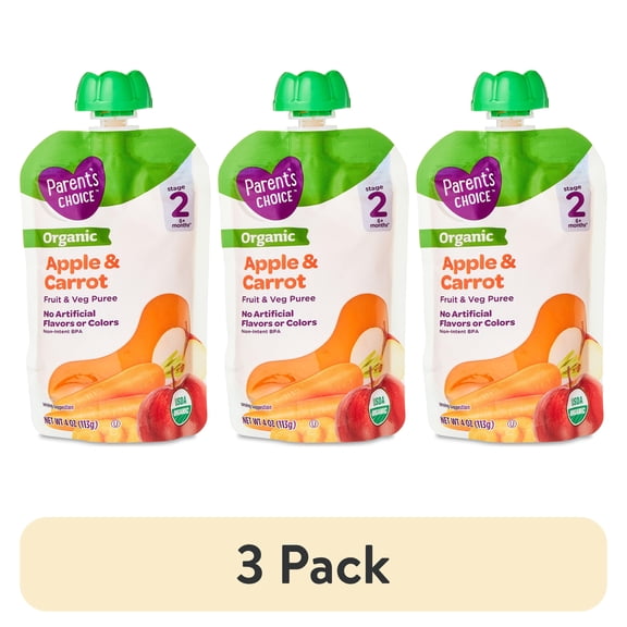 (3 pack) Parent's Choice Organic Stage 2 Baby Food Apple and Carrot Puree, 4 oz Pouch