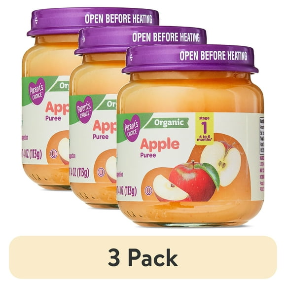 (3 pack) Parent's Choice Organic Stage 1 Baby Food, Apple Puree, 4 oz Jar
