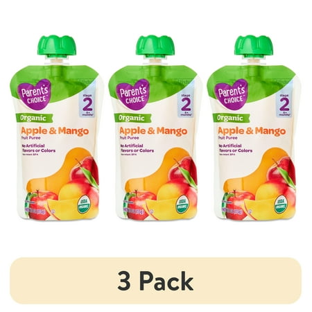 (3 pack) Parent's Choice Organic Stage 2 Baby Food Apple and Mango Puree, 4 oz Pouch