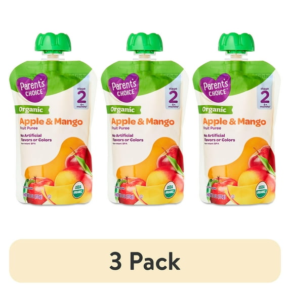 (3 pack) Parent's Choice Organic Stage 2 Baby Food, Apple and Mango Puree, 4 oz Pouch